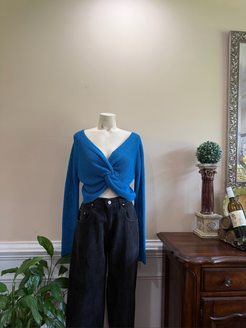 JOA Blue Twist-Front Knit Crop Sweater - Women